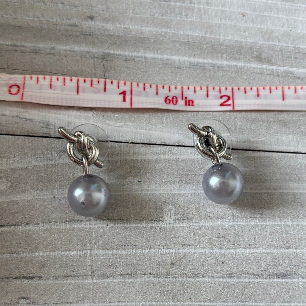 Silver Tone Knot Stud Earrings with Pearl Drop